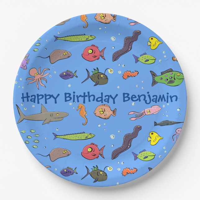 Funny sea creatures cartoon illustration pattern paper plate (Front)