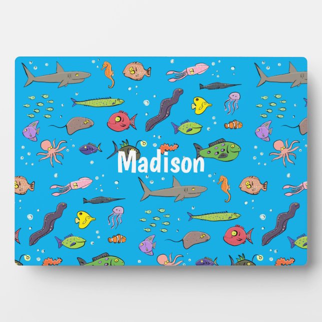 Funny sea creatures cartoon illustration pattern plaque (Front)