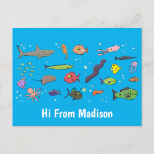 Funny sea creatures cartoon illustration pattern postcard