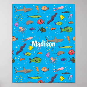 Funny sea creatures cartoon illustration pattern poster
