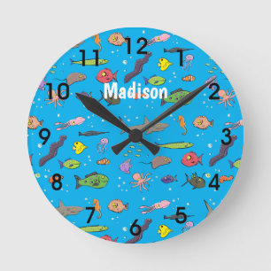 Funny sea creatures cartoon illustration pattern round clock