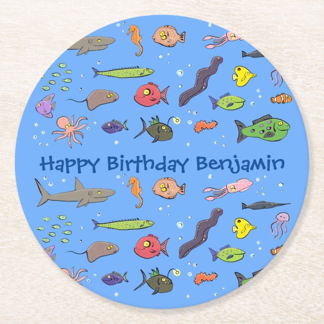 Funny sea creatures cartoon illustration pattern round paper coaster (Front)