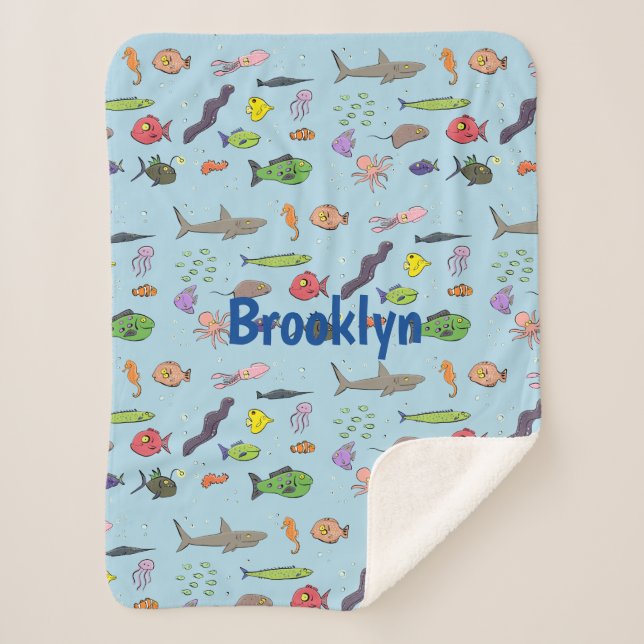 Funny sea creatures cartoon illustration pattern sherpa blanket (Front)