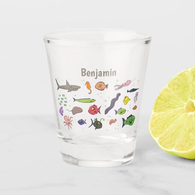 Funny sea creatures cartoon illustration pattern  shot glass (Front)