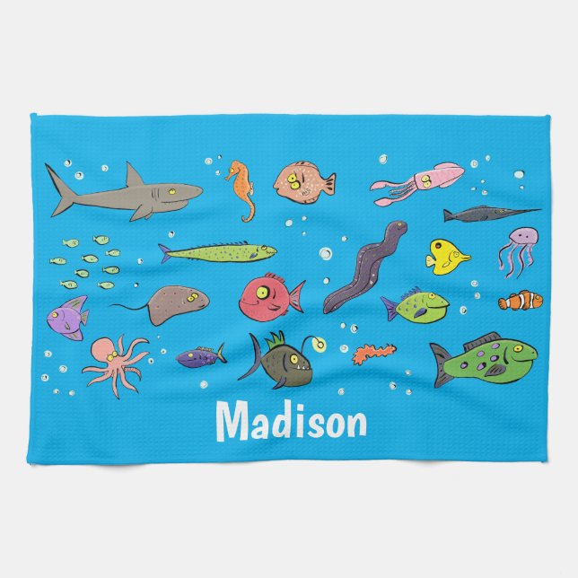 Funny sea creatures cartoon illustration pattern tea towel (Horizontal)