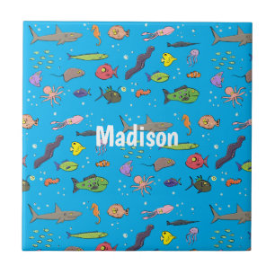 Funny sea creatures cartoon illustration pattern tile