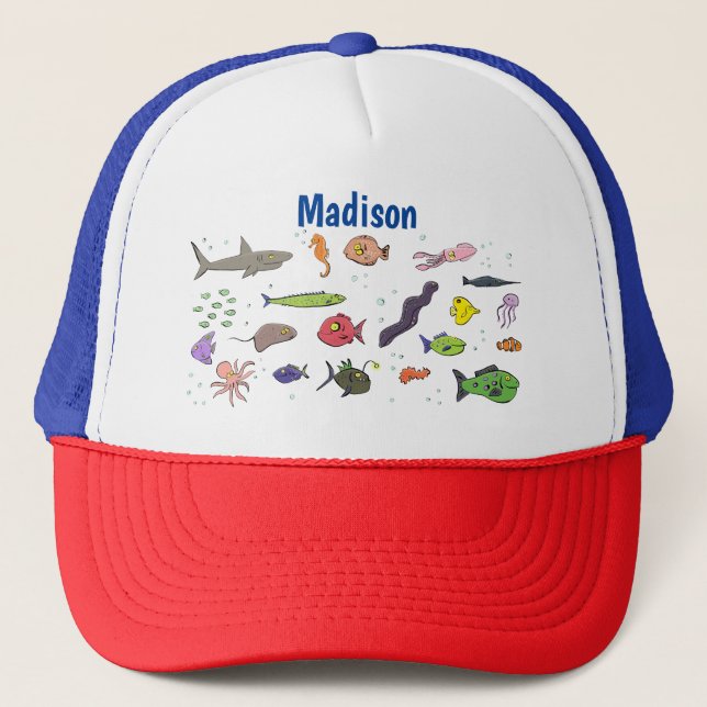 Funny sea creatures cartoon illustration pattern trucker hat (Front)