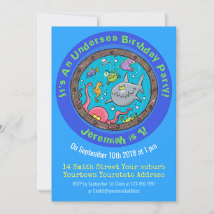 Funny sea creatures in ship port hole cartoon invitation