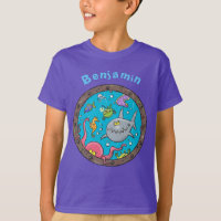 Funny sea creatures sunken ship porthole cartoon