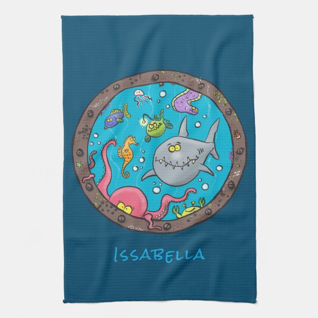 Funny sea creatures underwater cartoon 2 tea towel (Vertical)