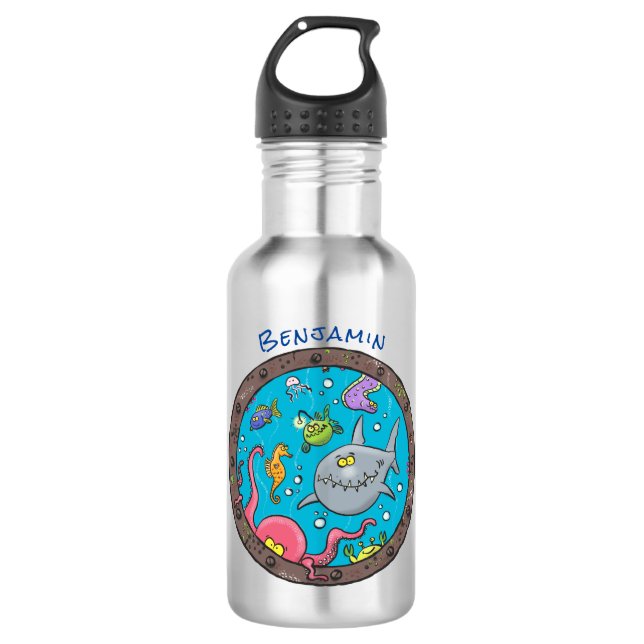 Funny sea creatures underwater cartoon drawing 532 ml water bottle (Front)