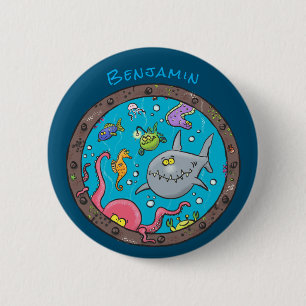 Funny sea creatures underwater cartoon drawing 6 cm round badge