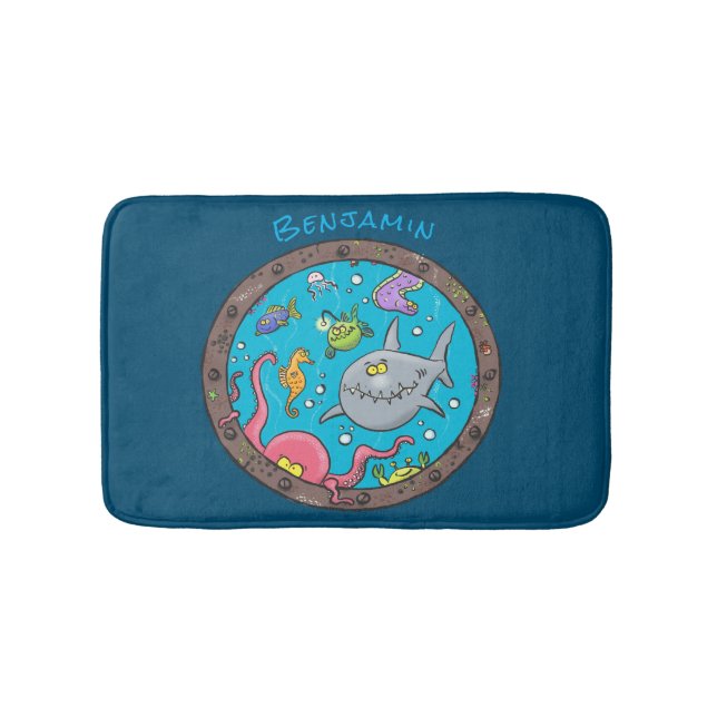 Funny sea creatures underwater cartoon drawing bath mat (Front)