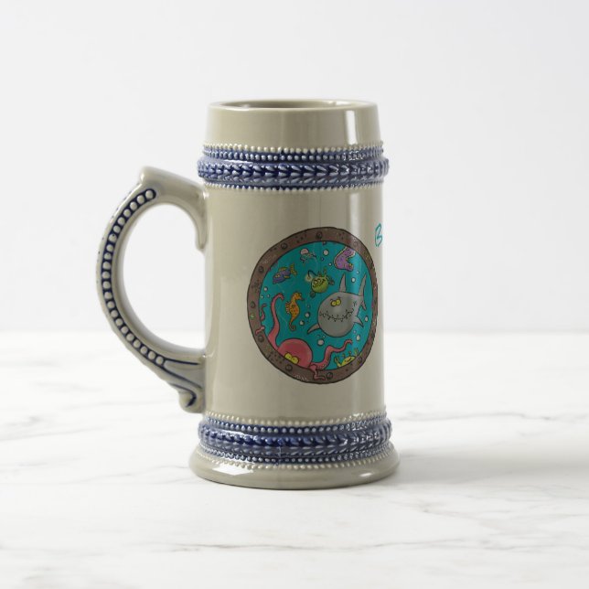 Funny sea creatures underwater cartoon drawing beer stein (Left)