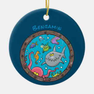 Funny sea creatures underwater cartoon drawing ceramic tree decoration