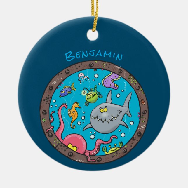 Funny sea creatures underwater cartoon drawing ceramic tree decoration (Front)