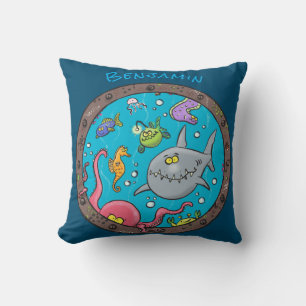 Funny sea creatures underwater cartoon drawing cushion