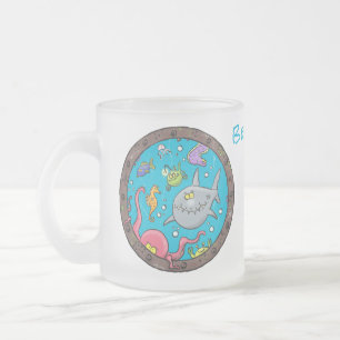 Funny sea creatures underwater cartoon drawing frosted glass coffee mug