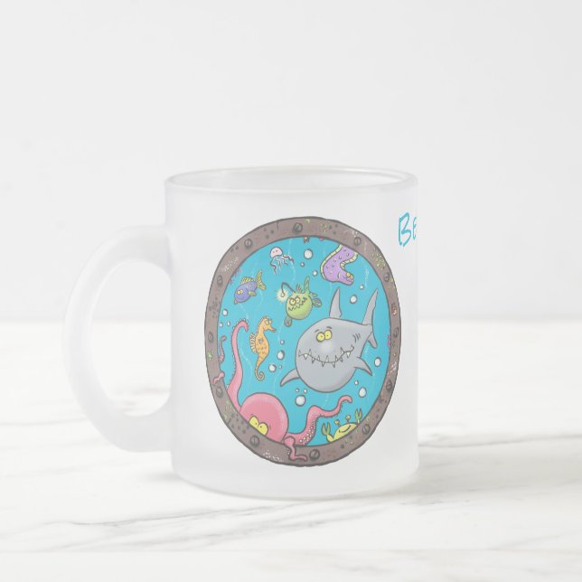 Funny sea creatures underwater cartoon drawing frosted glass coffee mug (Left)