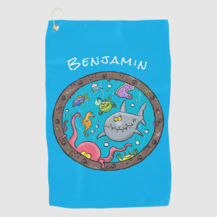 Funny sea creatures underwater cartoon drawing  golf towel