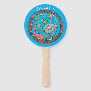 Funny sea creatures underwater cartoon drawing hand fan