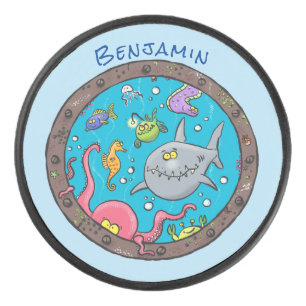 Funny sea creatures underwater cartoon drawing hockey puck
