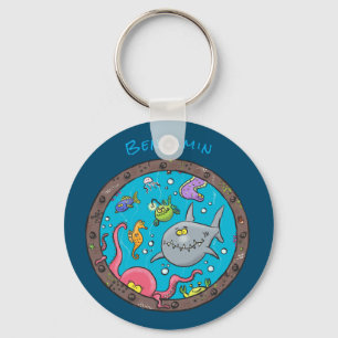 Funny sea creatures underwater cartoon drawing key ring