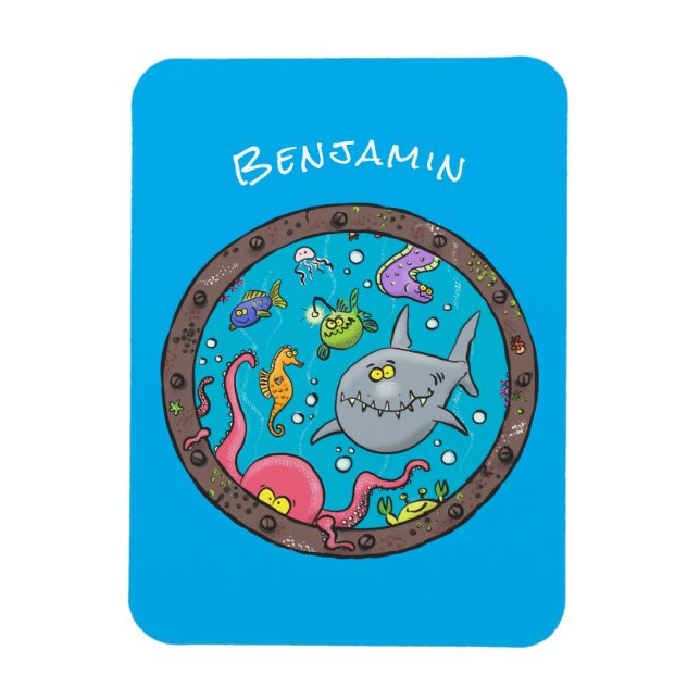Funny sea creatures underwater cartoon drawing magnet (Vertical)