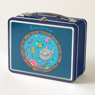 Funny sea creatures underwater cartoon drawing metal lunch box