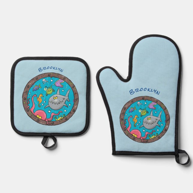 Funny sea creatures underwater cartoon drawing oven mitt & pot holder set (Front)