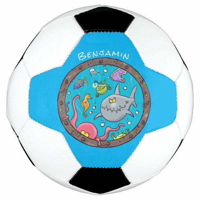 Funny sea creatures underwater cartoon drawing soccer ball (Front)