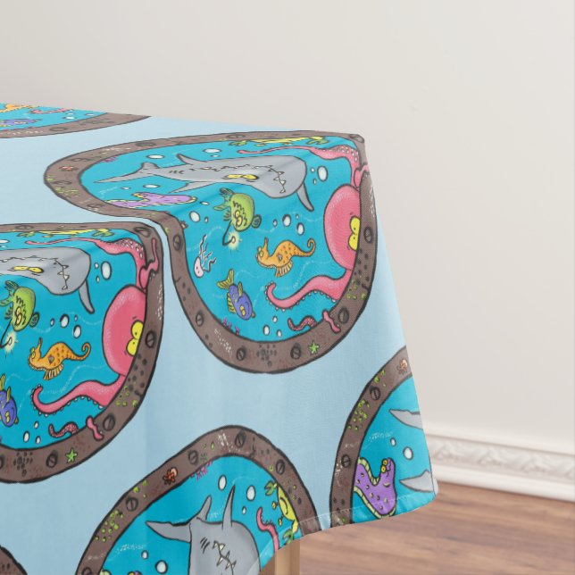 Funny sea creatures underwater cartoon drawing tablecloth (In Situ)