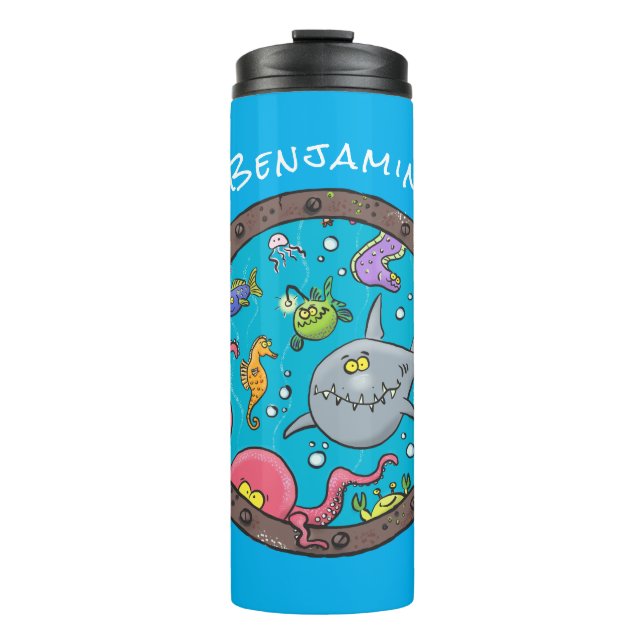 Funny sea creatures underwater cartoon drawing thermal tumbler (Front)