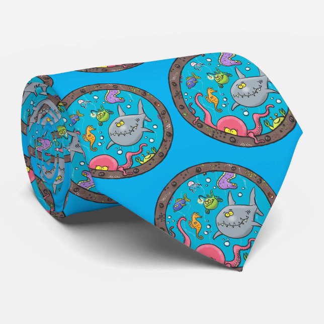 Funny sea creatures underwater cartoon drawing tie (Rolled)