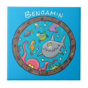 Funny sea creatures underwater cartoon drawing tile