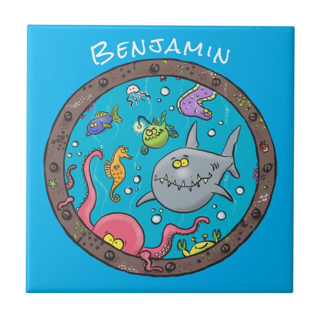 Funny sea creatures underwater cartoon drawing tile (Front)