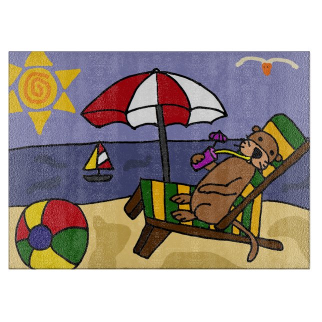 Funny Sea Otter at the Beach Cartoon Cutting Board (Front)