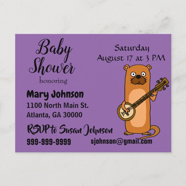 Funny Sea Otter Playing Banjo Baby Shower Invitation Postcard (Front)