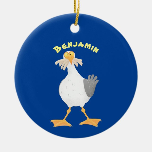 Funny seagull with French fries cartoon Ceramic Tree Decoration (Front)