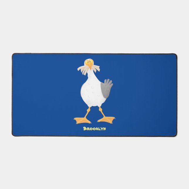 Funny seagull with French fries cartoon Desk Mat (Front)