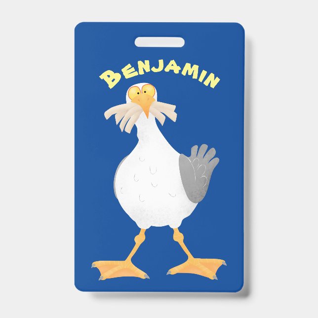 Funny seagull with French fries cartoon ID Badge (Front)