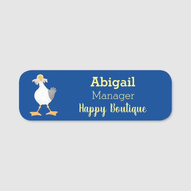 Funny seagull with French fries cartoon Name Tag (Front)