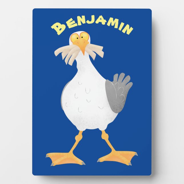 Funny seagull with French fries cartoon Plaque (Front)