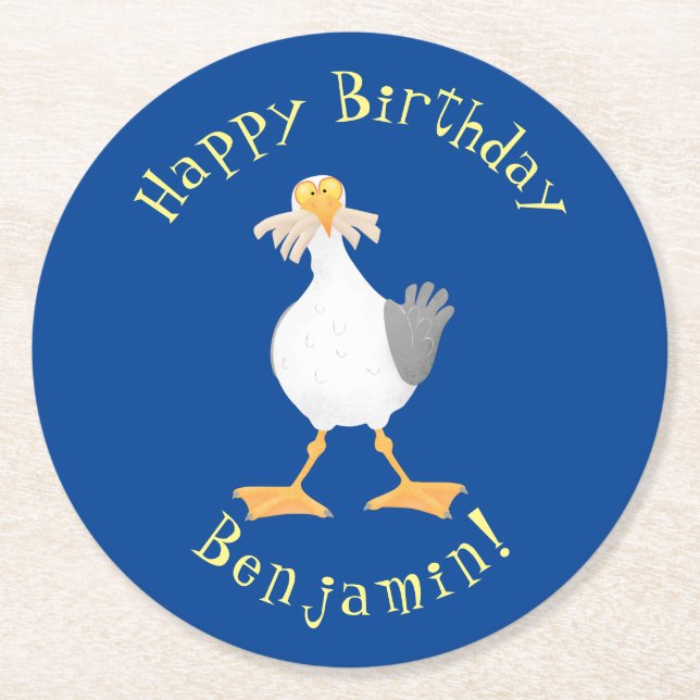 Funny seagull with French fries cartoon Round Paper Coaster (Front)