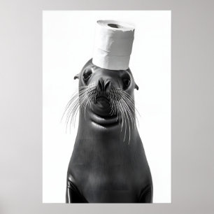 Funny Seal Lion Bathroom Art Print, Toilet Paper Poster