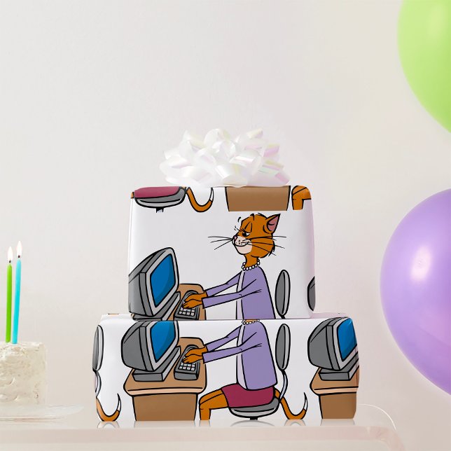 Funny Secretary Cat Cartoon Office Humour  Wrapping Paper (Creator Uploaded)