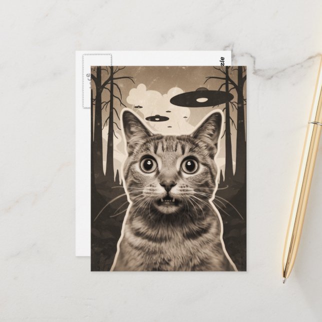 Funny Sepia Kitty and UFOs Postcard (Front/Back In Situ)