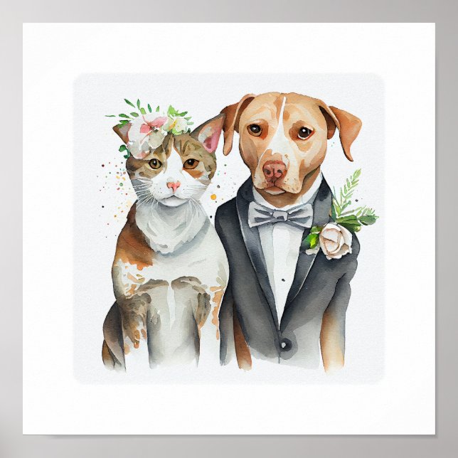 funny serious: cat and dog weding, watercolor   poster (Front)