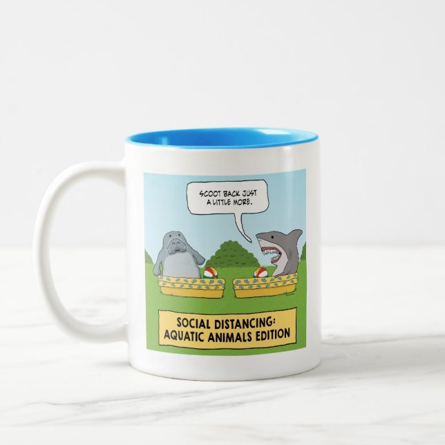 Funny Shark and Manatee Social Distancing Two-Tone Coffee Mug (Left)