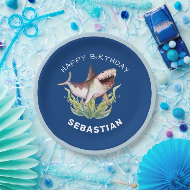 Funny Shark Boys Blue Ocean Birthday Party Paper Plate (Party)